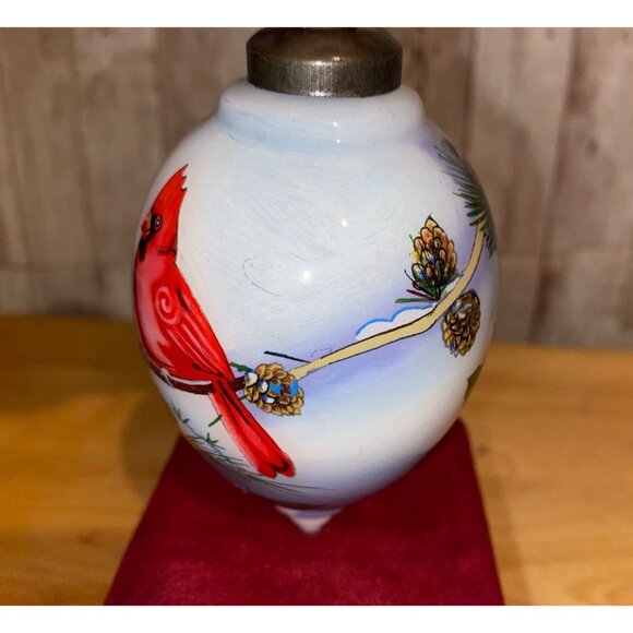 Bent Brush Art Signed Hand-Painted Cardinal Poinsettia Glass Christmas Ornament - Picture 6 of 10